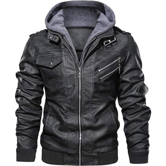 Stand Collar PU Faux Leather Zip-Up Bomber Jacket With a Removable Hood For Men